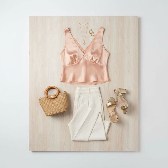 wild fable Tops - Y2K Satin Babydoll Crop Top Coquette Peach Crochet Trim Flower Center Sz L Girly